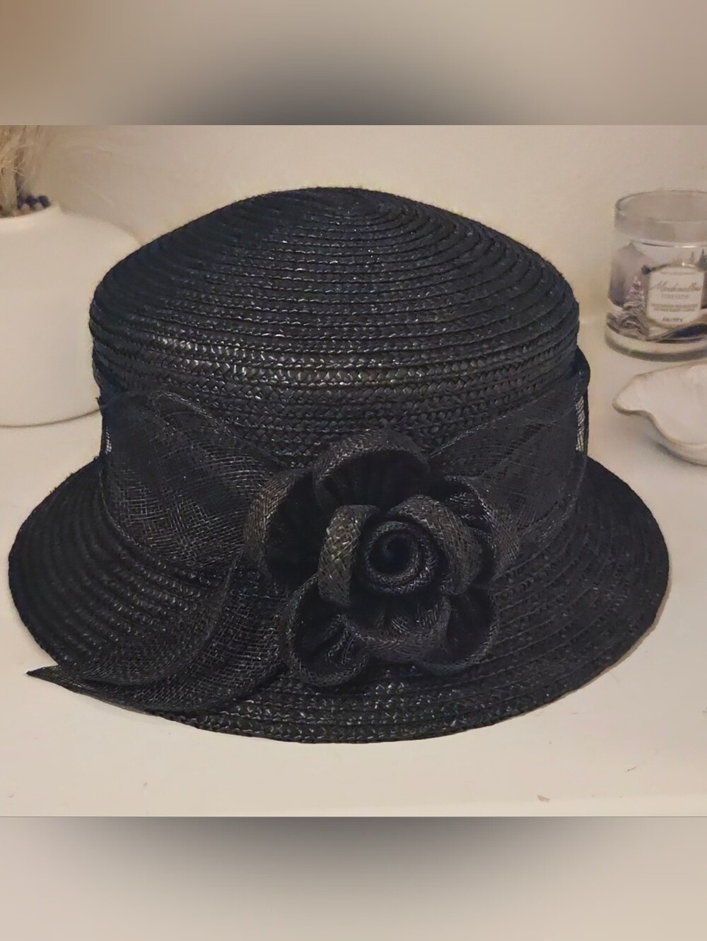 Vintage 90s Betmar New York Black Straw Hat M234 Bow Rosette Church Derby